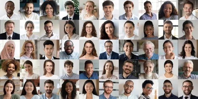 Diverse collage of headshots of happy people.