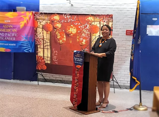 New York City Family Court Administrative Judge Anne-Marie Jolly addresses guests at the AAPI Heritage Month celebration at Bronx County Family Court in early May