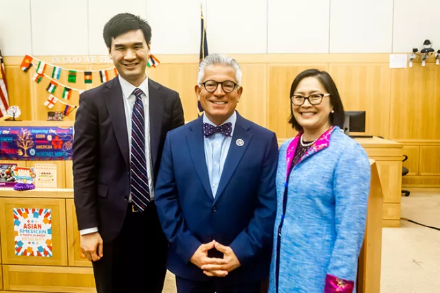 Photo (L-R): Honoree David Imamura, Chief Administrative Judge Joseph A. Zayas, and awardee Justice Lillian Wan at the courthouse celebration in White Plains