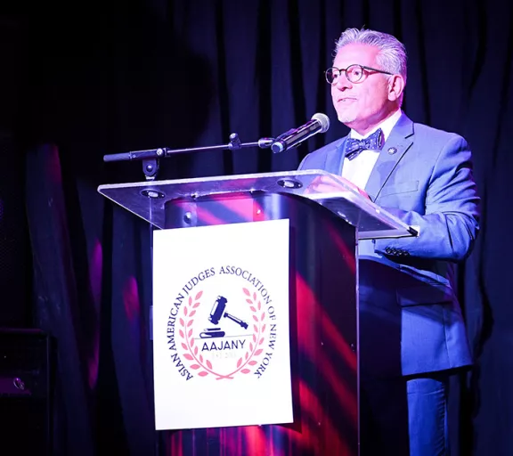 Photo: Chief Administrative Judge Joseph Zayas addresses the gathering, calling the AAJANY “a partner and ally” in efforts to diversify the UCS bench and workforce 