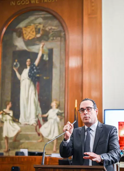 Deputy Chief Administrative Judge for New York City Courts Adam Silvera introducing the “Asian Americans in Robes” courthouse event in early May 