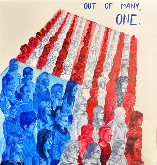 Drawing of an American Flag made out of people shaded red, white, and blue