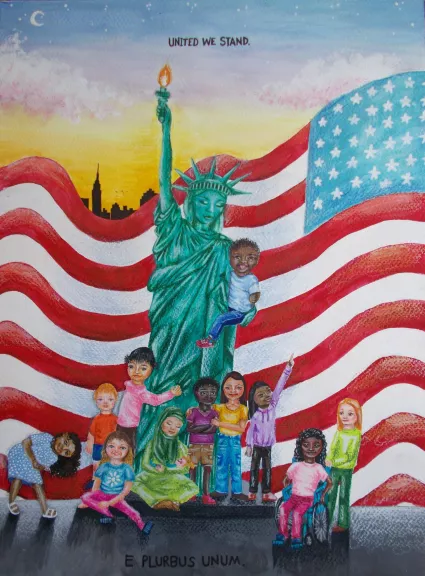 Drawing of the Statue of Liberty with children and an American Flag in the back