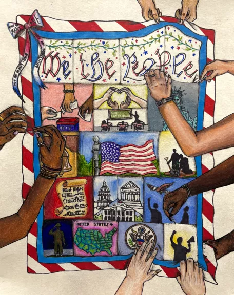 Drawing of a tapestry with the colors of the American Flag that reads "We The People"