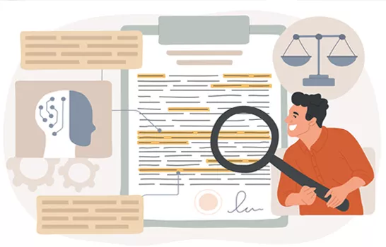 Graphic of a man holding a large magnifying glass over a legal document.
