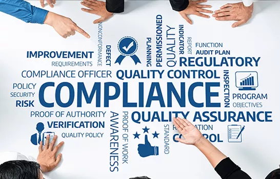 Photo of hands pointing at different words on a table: Compliance, improvement, Quality Control, Regulatory, etc.