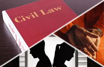Graphic of a Civil Law book, someone in handcuffs, and a man and woman standing dejected, back to back to each other.