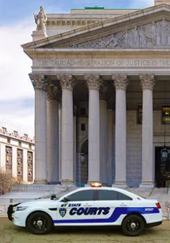 NY State Courts car in front of a courthouse