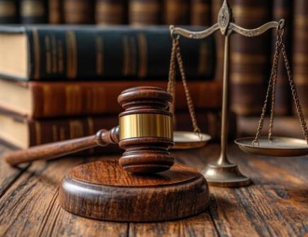 Image of gavel, scales of justice, and old books