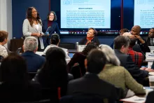 Commission member Deonna Jones, Esq., shares insight into her Family Court experiences with inaugural meeting attendees, including, from left to right, Commission Executive Director Louise Feld, Esq.; Commission Co-Chair Hon. Anne-Marie Jolly; Commission Co-Chair Dawne Mitchell, Esq.; Commission Member Kenny Carter of F.A.I.T.H.; and Commission Judicial Co-Chair Hon. Richard Rivera.