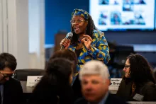 Deputy Chief Administrative Judge Edwina G. Richardson, who leads the NYS Unified Court System’s Office for Justice Initiatives (OJI), addresses members of the Commission during introductory remarks.