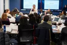 Commission Member Nicole Velazquez, Esq., Deputy Director of The Bronx Defenders Family Defense Practice, introduces herself to attendees at the Commission’s inaugural meeting. Watching, from left to right, are Commission Members Hon. Jacqueline Deane, Judge, Brooklyn Family Court; Commission Co-Chair Dawne Mitchell, Esq.; Prof. Martin Guggenheim, Professor of Clinical Law Emeritus, NYU Law School; Dr. Karen Cort, Director, NYC Family Court MH Clinic; and Commission Executive Director, Louise Feld, Esq.