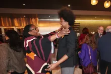 Deputy Chief Administrative Judge for Justice Initiatives Hon. Edwina G. Richardson warmly greets Commission member Tehra Coles, Esq.